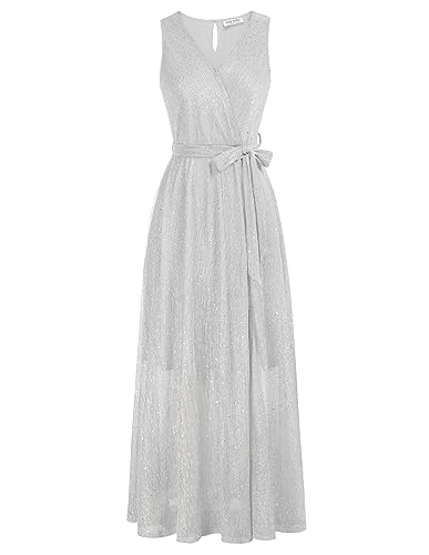 Kate Kasin Glitzerkleid für Damen Split Maxi V-Ausschnitt Ärmellos Formelles Funkelndes Kleid für Hochzeitsgast mit Gürtel Silber S Kate Kasin Glitzerkleid für Damen Split Maxi V-Ausschnitt Ärmellos Formelles Funkelndes Kleid für Hochzeitsgast mit Gürtel Silber S von Kate Kasin