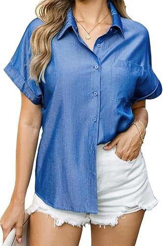 Kate Kasin Kurzarm-Blusen für Frauen Loose Fit Reverskragen Tops Button Down Shirts Hellblau XXL von Kate Kasin