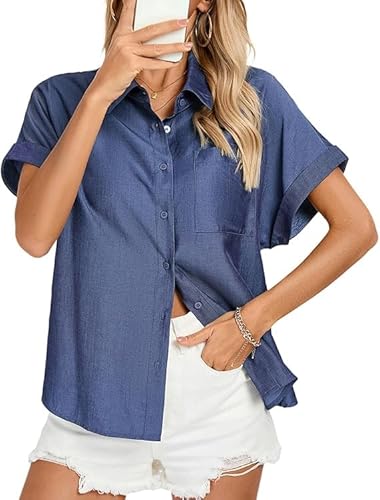 Kate Kasin Kurzarm-Blusen für Frauen Loose Fit Reverskragen Tops Button Down Shirts Marineblau M von Kate Kasin