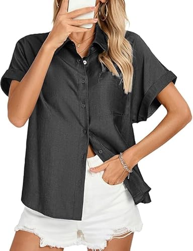 Kate Kasin Kurzarm-Blusen für Frauen Loose Fit Reverskragen Tops Button Down Shirts Schwarz L von Kate Kasin