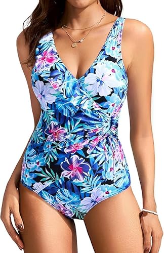 Kate Kasin Ladies Ruched One Piece Swimsuit V-Neck Floral Print Bathing Costume Tummy Control mit verstellbaren Trägern Blue Floral XXL Kate Kasin Ladies Ruched One Piece Swimsuit V-Neck Floral Print Bathing Costume Tummy Control mit verstellbaren Trägern Blue Floral XXL von Kate Kasin