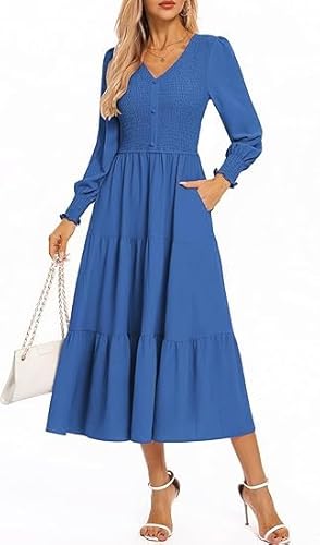 Kate Kasin Long Sleeve Dress for Women Button Front V-Neck Smocked Waist Mid-Calf Length with Side Pockets Blau XXL von Kate Kasin