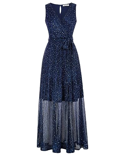 Kate Kasin Maxikleid Mit Gürtel Sommerkleid Partykleid Elegant V-Ausschnitt Swingkleid Abendkleid Strandkleid Cocktailkleid M Dunkelblau von Kate Kasin