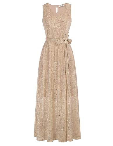 Kate Kasin Paillettenkleid für Damen Maxi V-Ausschnitt Ärmellos Kleid Split Cocktailparty mit Gürtel Champagner XL von Kate Kasin