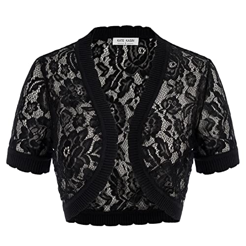 Kate Kasin Sheer Floral Shrugs for Ladies Schwarz Open Front Bolero for Evening Wedding Dresses Cropped Length Schwarz KK0540-02 S von Kate Kasin