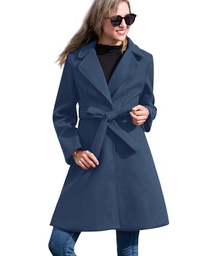 Kate Kasin Vintage Damen Wollmanteljacke Für Den Winter Mit Gürtel Und Taschen S Grau Blau von Kate Kasin