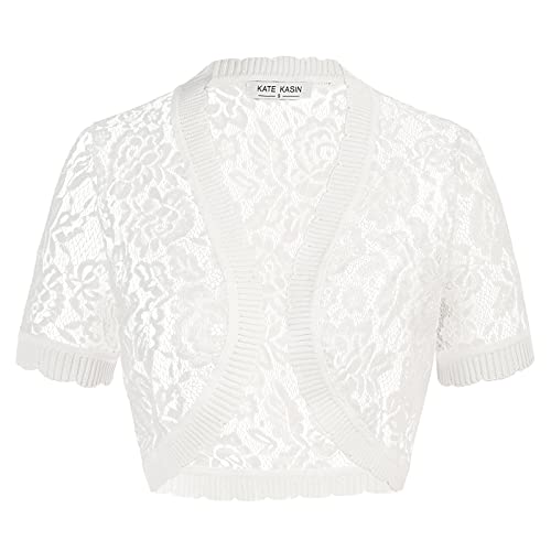 Kate Kasin Weiße Spitze Cropped Tops für Frauen Leichte Open Front Short Sleeve Floral Lace Shrugs Weiß KK0540-01 XXL von Kate Kasin