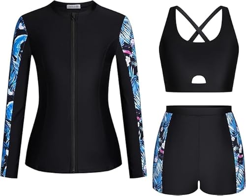 Kate Kasin Women's 3-Piece Athletic Swimwear Zip Front Jacket Padded Sports Bra Boyshort Bottoms Black-Blue Leaves XXL Kate Kasin Women's 3-Piece Athletic Swimwear Zip Front Jacket Padded Sports Bra Boyshort Bottoms Black-Blue Leaves XXL von Kate Kasin