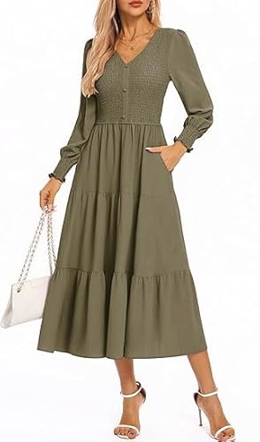 Kate Kasin Women's Button Down Maxi Dress Langarm V-Ausschnitt Smocked Bodice Elastic Waist Tiered Dress with Pockets Elegant Army Grün XXL von Kate Kasin