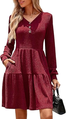 Kate Kasin Women's Long Sleeve Sweater Dress V-Neck Button Front A-Line Knit Dress with Pockets Above Knee Casual Textured Swing Dress Wine L von Kate Kasin