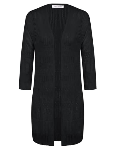 Kate Kasin Women's Open Front 3/4 Ärmel Cardigan Shrugs Sommer Casual Long Cardigan für den täglichen Strand Cover Up Schwarz KK0675-02 L von Kate Kasin