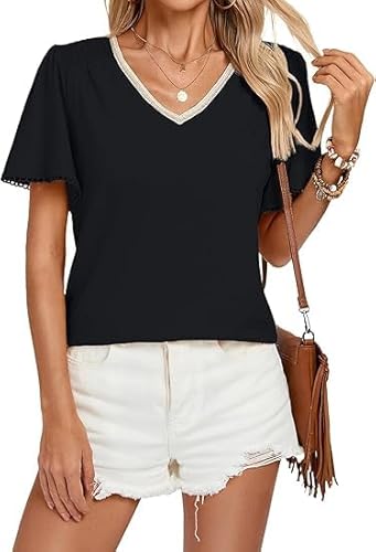 Kate Kasin Women's V-Neck Short Sleeve T-Shirt Smocked Shoulder Loose Fit Tops Casual Pullover Blouse Soft Comfortable Daily Wear Tees Black XXL von Kate Kasin