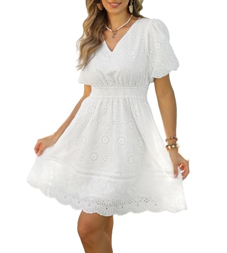 Lässiges Kleid mit elastischem B Ösen Puffärmeln Damen A-Linien Kleid Elfenbeinweiß L Lässiges Kleid mit elastischem B Ösen Puffärmeln Damen A-Linien Kleid Elfenbeinweiß L von Kate Kasin