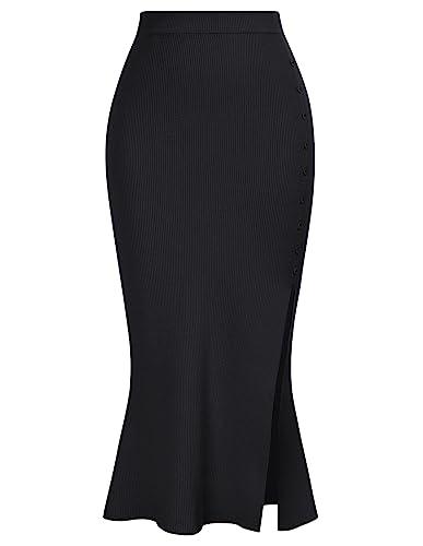 Maxirock Skater Rock Damen Schwarz Retro Röcke Stretch Figurbetont Langer Freizeitrock Skirt von Kate Kasin