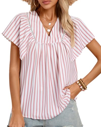 Modische Streifen Damen Blusen Elegant V-Ausschnitt Blusen Rot S von Kate Kasin