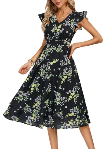 Overknee Kleid Damen A-Linie Blumen Sommerkleid Elegante Freizeitkleid Schwarz L von Kate Kasin