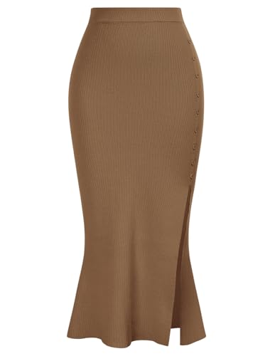 Rock Damen Herbst Mit Schlitz Rüschensaum Lang A Linie Maxirock Stretch Figurbetont Business Bleistift Röcke Khaki XL von Kate Kasin