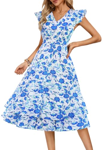 Romantisches Damen-A-Linien-Kleid mit V-Ausschnitt Sommer Freizeitkleid blau XL von Kate Kasin