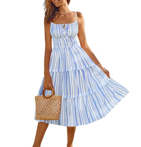 Streifen Modisches Kleid A-Linie Spaghettiträger Fließend Weiße und Blaue XL Streifen Modisches Kleid A-Linie Spaghettiträger Fließend Weiße und Blaue XL von Kate Kasin