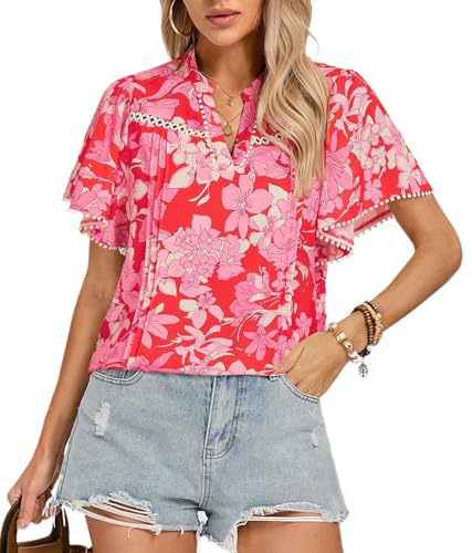 V-Ausschnitt Freizeit Bluse Lässig Damen Hemd Blumen Top Henley Kurzarm Rot L von Kate Kasin