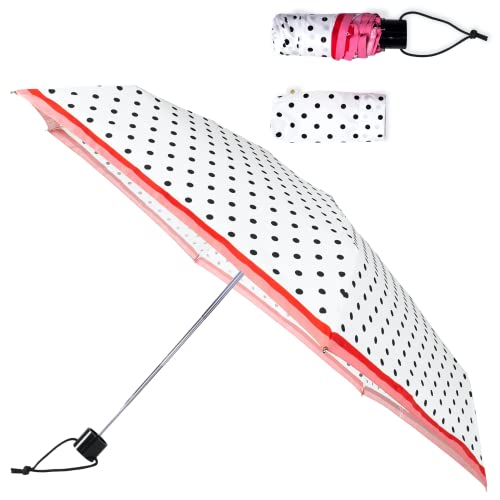 Kate Spade New York Mini-Regenschirm, kompakter Regenschirm mit Aufbewahrungshülle, kleiner Regenschirm für Rucksack oder Auto (Cabana Dot) von Kate Spade New York
