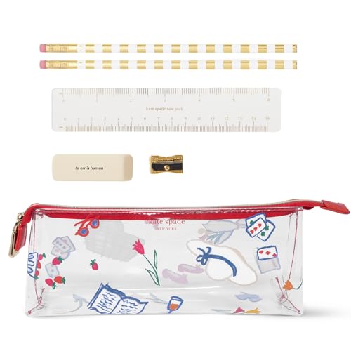 kate spade new york Durchsichtiges Stift- und Federmäppchen für Damen, niedliches Arbeitsschreibwaren, PVC-Reißverschlusstasche, inklusive 2 Bleistifte, Spitzer, Radiergummi und Lineal (Park Picknick) von Kate Spade New York