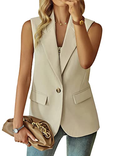KateModa Ärmellose Blazer-Weste für Damen, vorne offen, leicht, lässig, modisch, Arbeit, Büro, Weste mit Taschen, Beige, M von KateModa