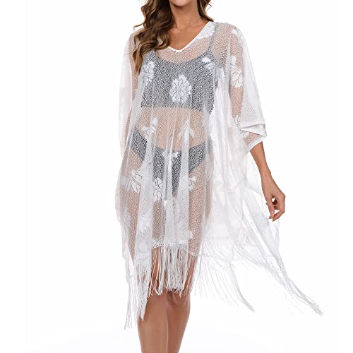 Katech Strandkleid Damen, Sommer Strandponcho Bikini Cover-Ups, Strandkleid Kleider (Pullover-Weiß) von Katech