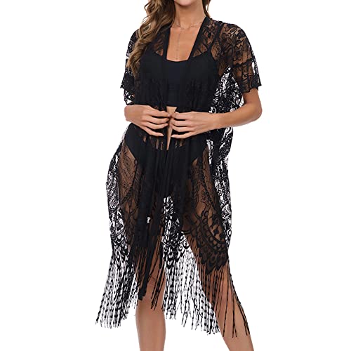 Katech Strandkleid Damen, Sommer Strandponcho Bikini Cover-Ups, Strandkleider Damen Sommer, Spitze Bikini Schwimmbekleidung, Strandkleid Kleider, Schwarz von Katech