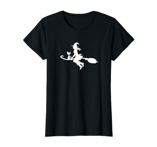 Hexen Shirt Hexe auf Besen mit Katze Damen Mädchen T-Shirt T-Shirt Hexen Shirt Hexe auf Besen mit Katze Damen Mädchen T-Shirt T-Shirt von Katharina Fairytale
