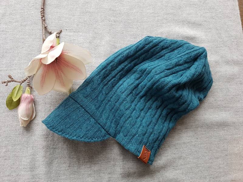 Merino Strick Mütze Mit Schirm Petrol Grau Damen Wolle Handgemacht von KathasAtelierDE