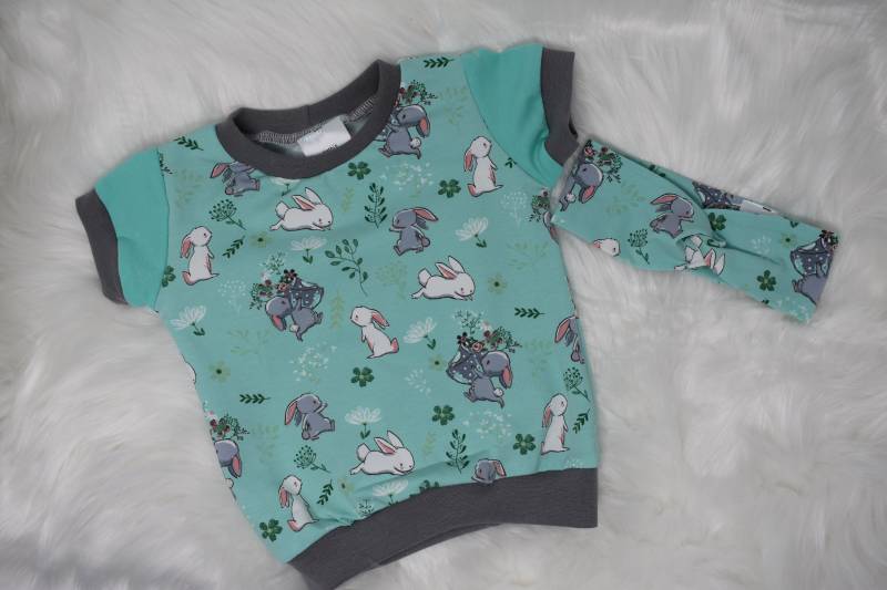 Set Aus T-Shirt Und Haarband "Sweet Animals - Kaninchen/Mint" Größe 74/80 von KathisHandmadeworld