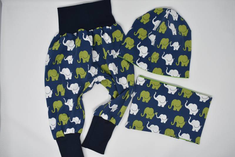 Set - Pumphose, Beanie Und Loop "Elefant -Grün" von KathisHandmadeworld