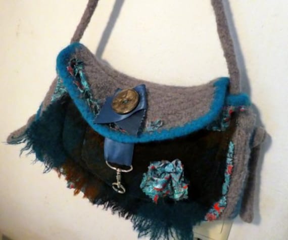 Filztasche - Fantasie in Grau-Grün-Türkis von KathisHotchpotch