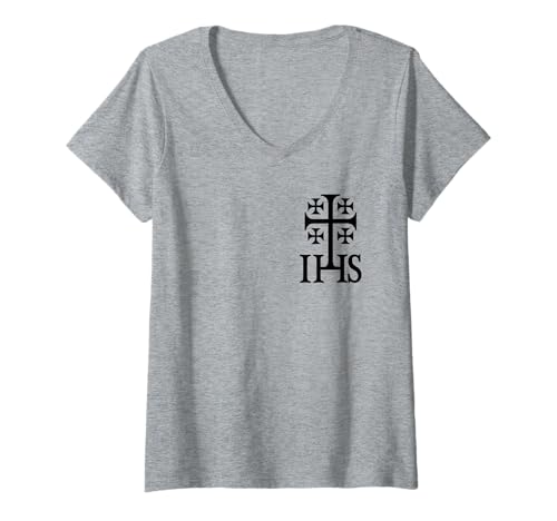 Damen IHS katholisches christliches Symbol - Jesus Christus T-Shirt mit V-Ausschnitt Damen IHS katholisches christliches Symbol - Jesus Christus T-Shirt mit V-Ausschnitt von Katholische Geschenke & Co.