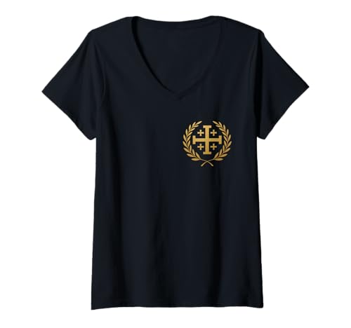 Damen Jerusalem Cross: Katholischer Tempelritter T-Shirt mit V-Ausschnitt von Katholische Geschenke & Co.