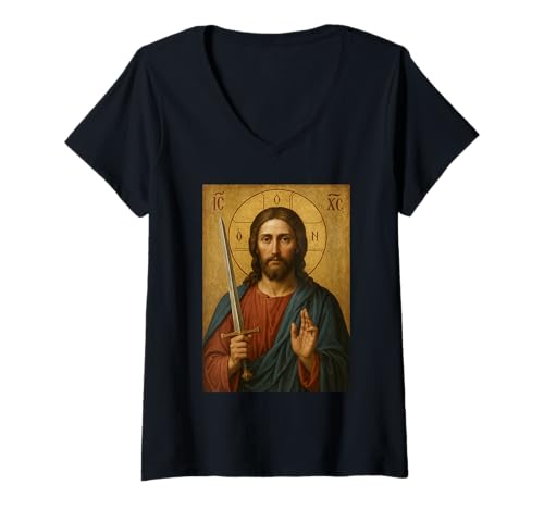 Damen Jesus Christus mit Schwert Ikone - katholische Ikonen T-Shirt mit V-Ausschnitt von Katholische Geschenke & Co.