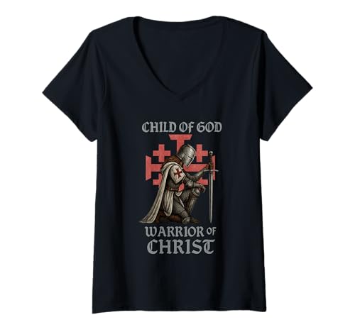 Damen Weiblicher Krieger Christi - Reich Jerusalems T-Shirt mit V-Ausschnitt von Katholische Geschenke & Co.