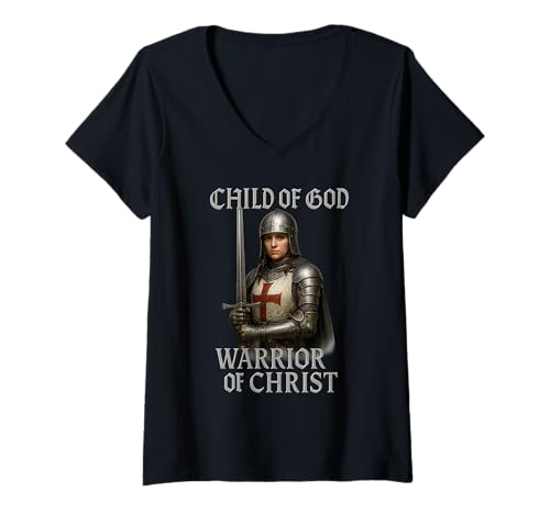 Damen Weiblicher Ritter: Krieger Christi - Reich Jerusalems T-Shirt mit V-Ausschnitt Damen Weiblicher Ritter: Krieger Christi - Reich Jerusalems T-Shirt mit V-Ausschnitt von Katholische Geschenke & Co.