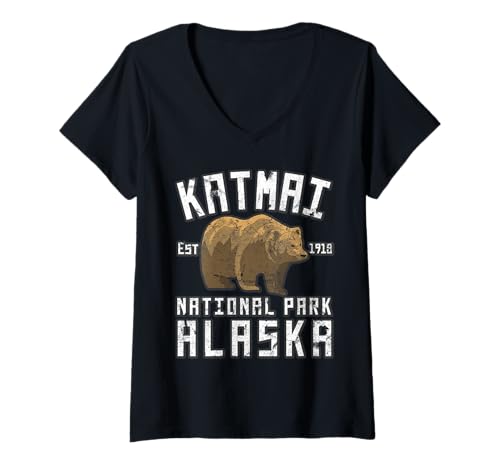 Damen Katmai-Nationalpark T-Shirt mit V-Ausschnitt Damen Katmai-Nationalpark T-Shirt mit V-Ausschnitt von Katmai National Park Alaska USA Outdoor Vintage