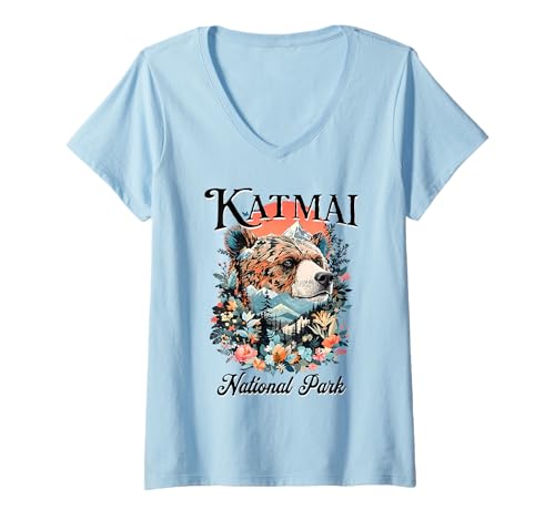 Damen Katmai-Nationalpark T-Shirt mit V-Ausschnitt Damen Katmai-Nationalpark T-Shirt mit V-Ausschnitt von Katmai National Park Alaska USA Outdoor Vintage