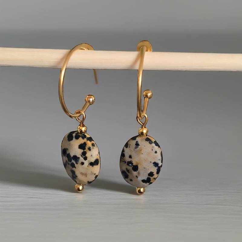 Anti Stress Dalmatiner Jaspis Ohrringe Creolen Gold I Geschenkidee von KatrishaDesigns