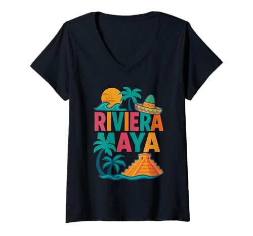 Damen Riviera Maya Souvenir Mexiko Strand Reise Ikonen Retro T-Shirt mit V-Ausschnitt Damen Riviera Maya Souvenir Mexiko Strand Reise Ikonen Retro T-Shirt mit V-Ausschnitt von Kattie Kattie