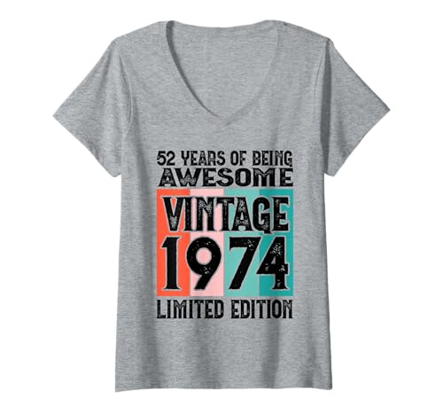 Damen Legendär seit 1974 Limited Edition 52 Geburtstag T-Shirt mit V-Ausschnitt Damen Legendär seit 1974 Limited Edition 52 Geburtstag T-Shirt mit V-Ausschnitt von Kattos - Birthday Vintage Born 1974 Version 2026