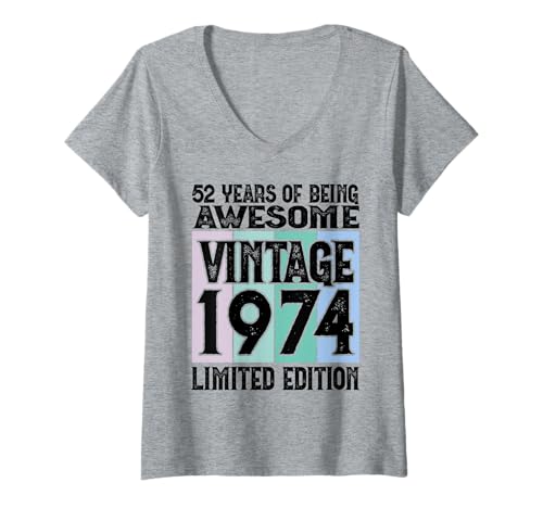 Damen Legendär seit 1974 Limited Edition 52 Geburtstag T-Shirt mit V-Ausschnitt Damen Legendär seit 1974 Limited Edition 52 Geburtstag T-Shirt mit V-Ausschnitt von Kattos - Birthday Vintage Born 1974 Version 2026