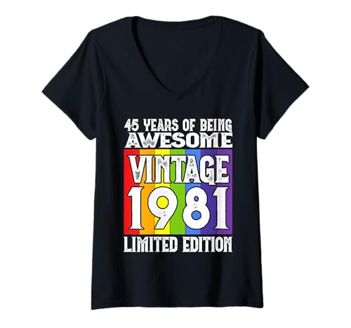 Damen Legendär seit 1981 Limited Edition 45 Geburtstag T-Shirt mit V-Ausschnitt Damen Legendär seit 1981 Limited Edition 45 Geburtstag T-Shirt mit V-Ausschnitt von Kattos - Birthday Vintage Born 1981 Version 2026