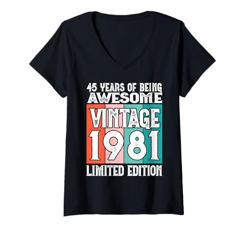 Damen Legendär seit 1981 Limited Edition 45 Geburtstag T-Shirt mit V-Ausschnitt Damen Legendär seit 1981 Limited Edition 45 Geburtstag T-Shirt mit V-Ausschnitt von Kattos - Birthday Vintage Born 1981 Version 2026