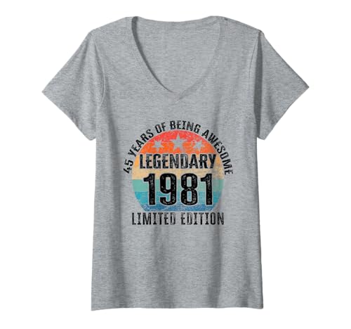 Damen Legendär seit 1981 Limited Edition 45 Geburtstag T-Shirt mit V-Ausschnitt Damen Legendär seit 1981 Limited Edition 45 Geburtstag T-Shirt mit V-Ausschnitt von Kattos - Birthday Vintage Born 1981 Version 2026