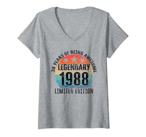 Damen Legendär seit 1988 Limited Edition 38 Geburtstag T-Shirt mit V-Ausschnitt von Kattos - Birthday Vintage Born 1988 Version 2026