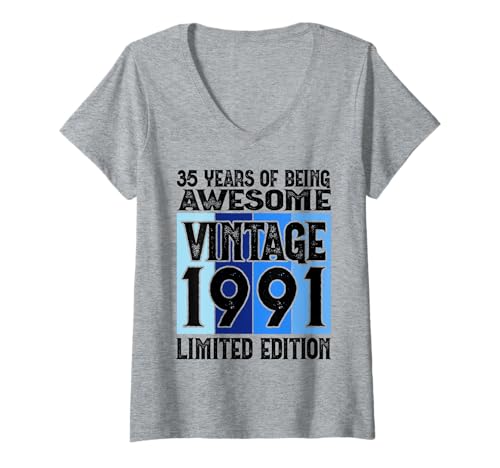 Damen Legendär seit 1991 Limited Edition 35 Geburtstag T-Shirt mit V-Ausschnitt von Kattos - Birthday Vintage Born 1991 Version 2026